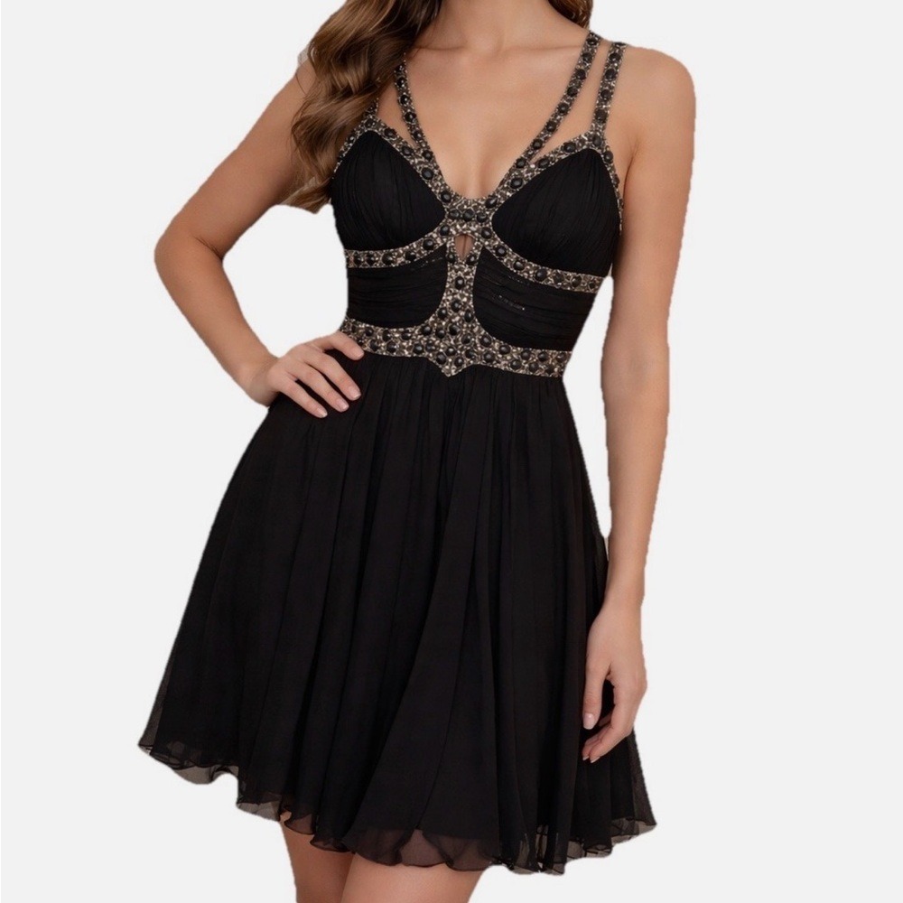 Mandalay Black Silk‎ Beaded Crystal Cage Neck Cocktail Dress Size 8 NEW